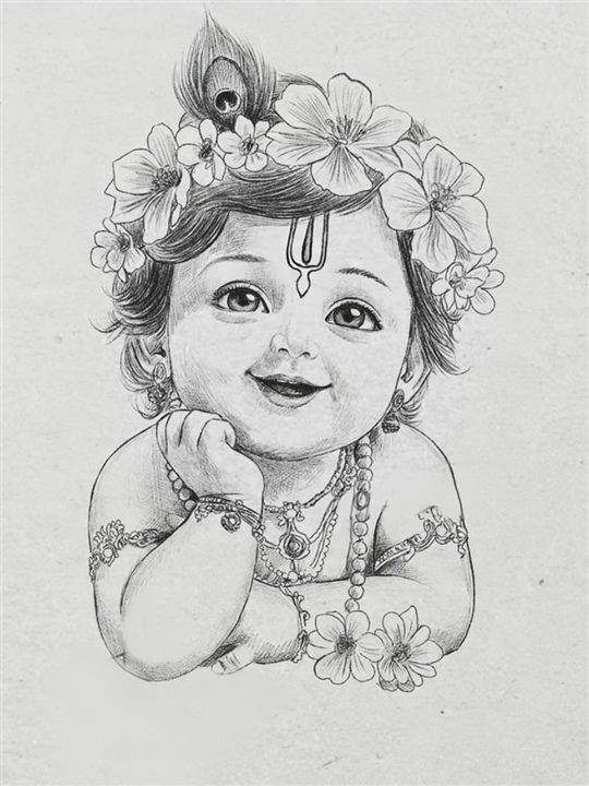 Detailed pencil sketch of baby Krishna with flowers