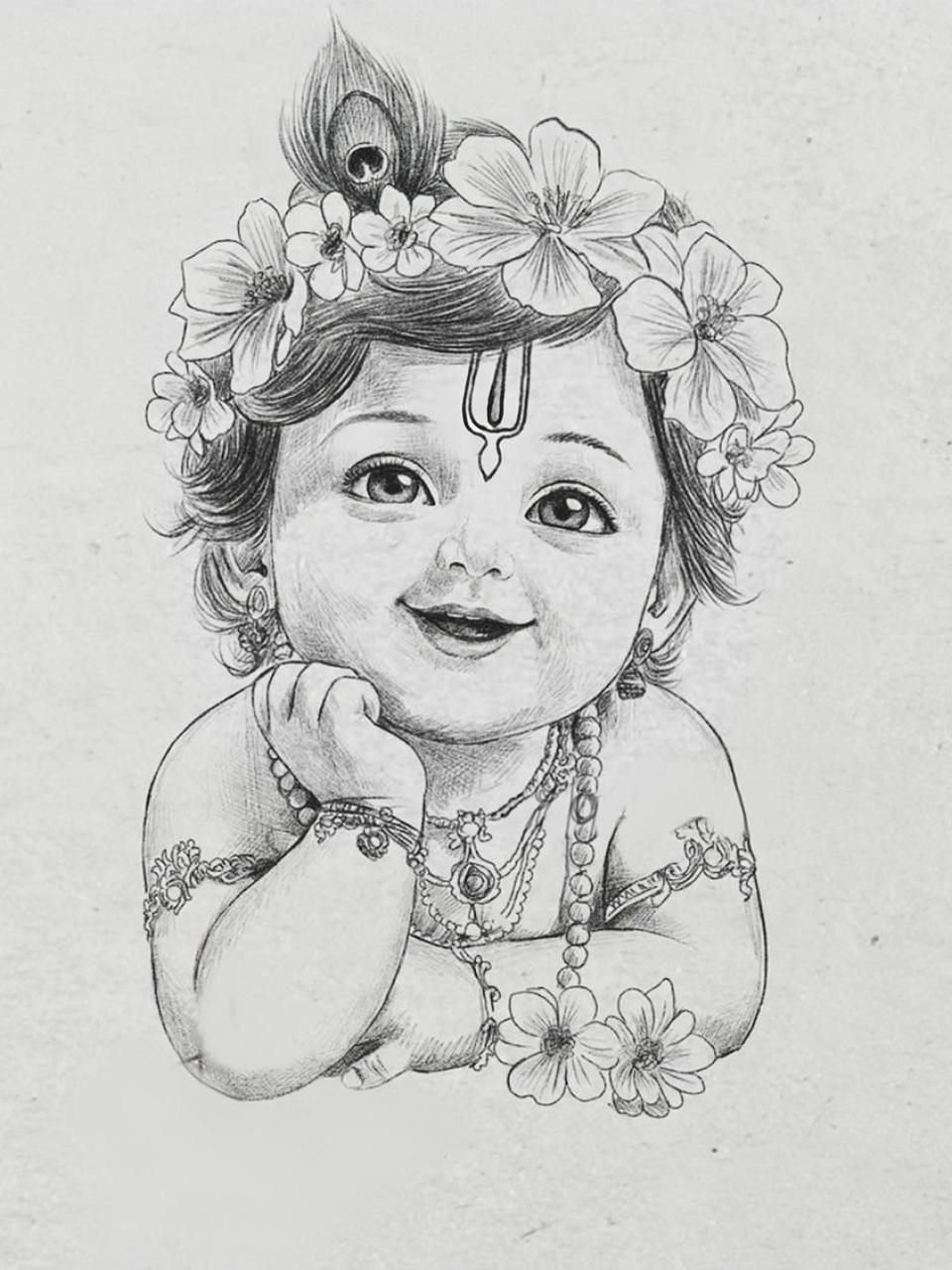 Detailed pencil sketch of baby Krishna with flowers