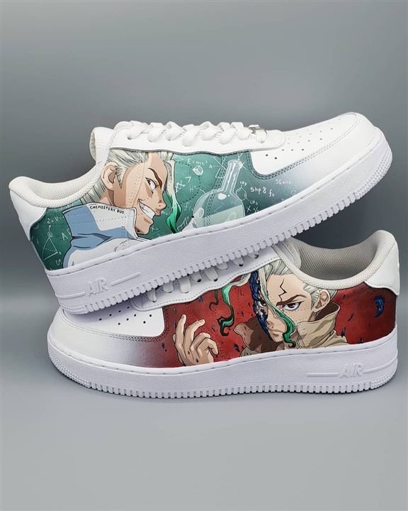 White sneakers with hand-painted anime character artwork